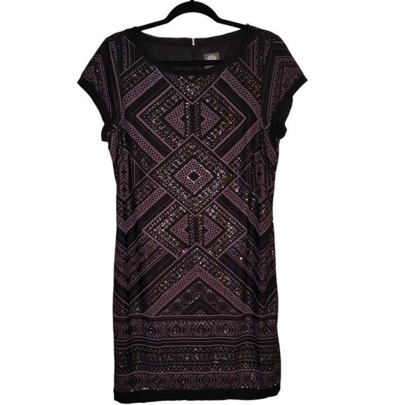Vince Camuto Women's Black Purple Geometric Print Glitter Shift Dress 14 - Picture 6 of 16